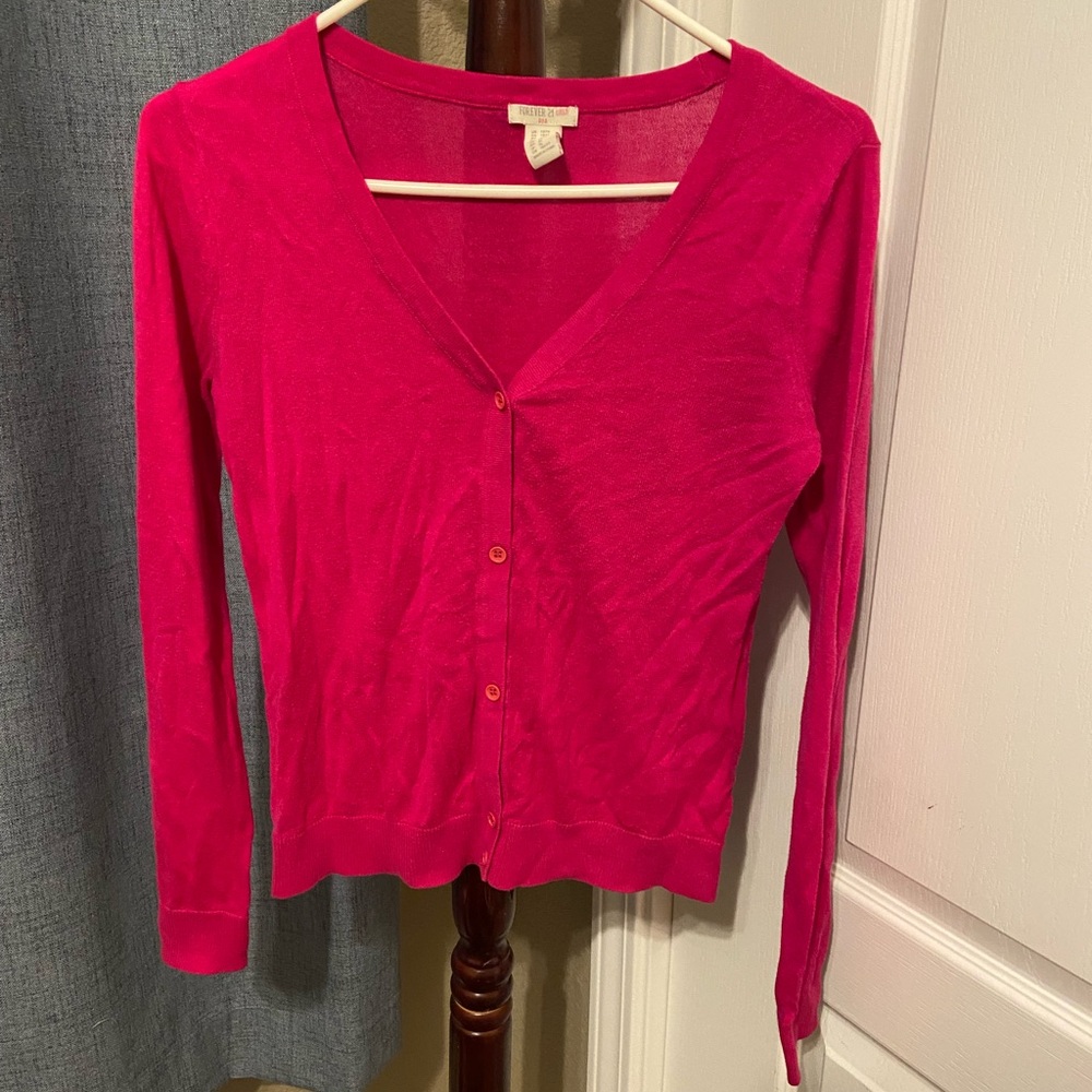 Forever 21 Girls Hot Pink Cardigan Sweater Button Front Lightweight Size 13/14